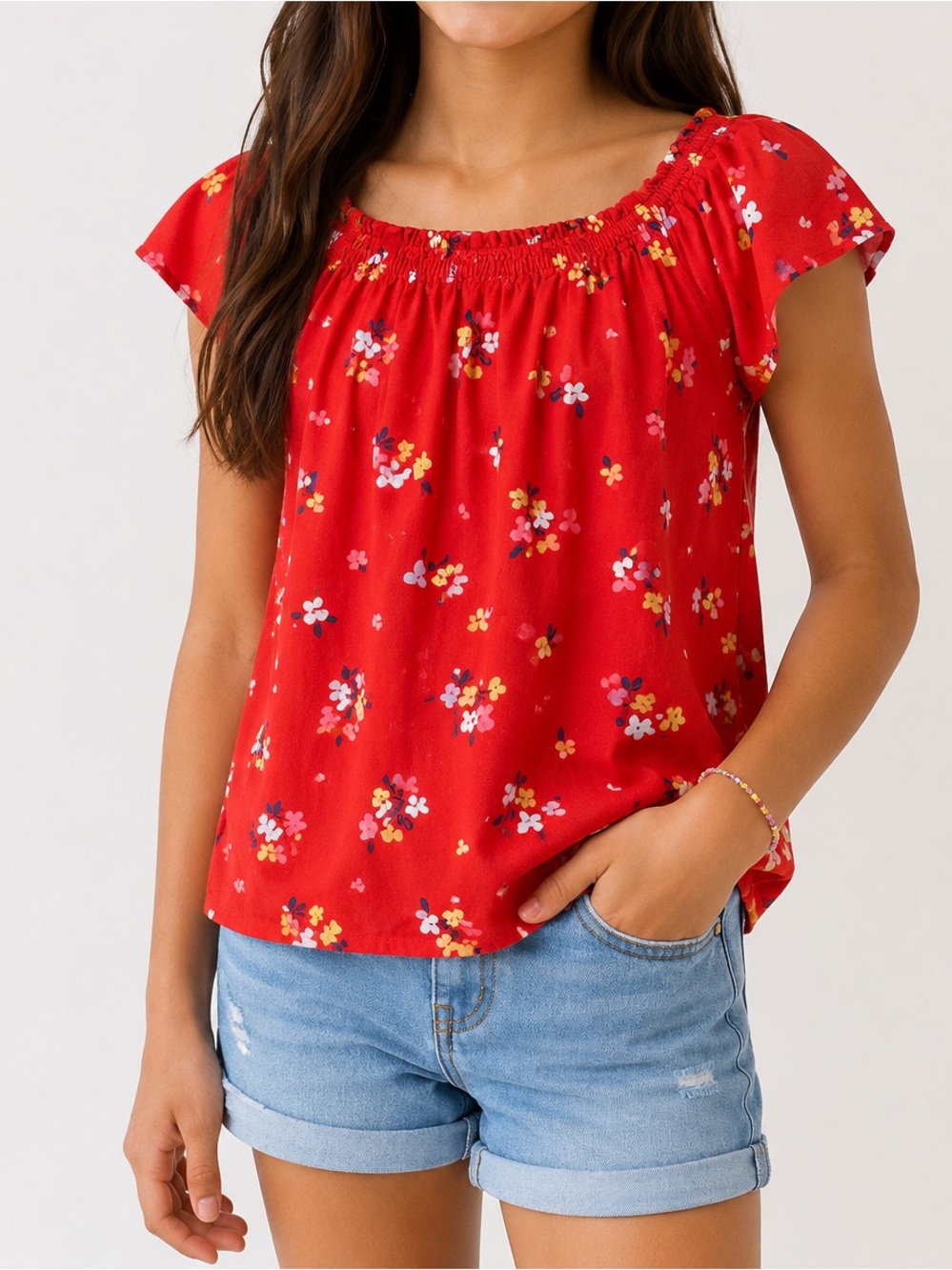 Cat & Jack Girls Red Floral Peasant Top Size L 12-14